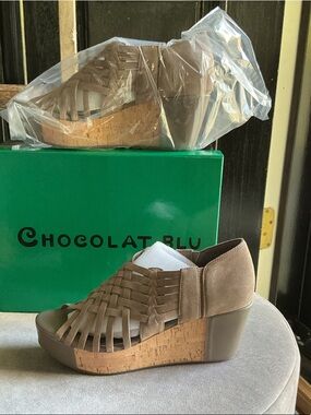 Chocolat Blu Taupe Woven Cork Platform Wedge Sandals